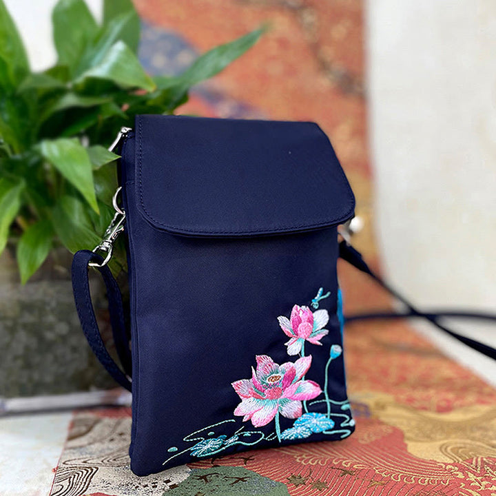 Waterproof Handmade Embroidered Lotus Flowers Crossbody Bag Shoulder Bag Cellphone Bag