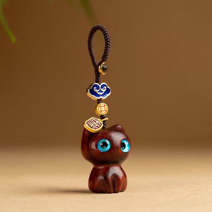 Buddha Stones Small Leaf Red Sandalwood Ebony Wood Lucky Cat Protection Key Chain Phone Hanging Decoration