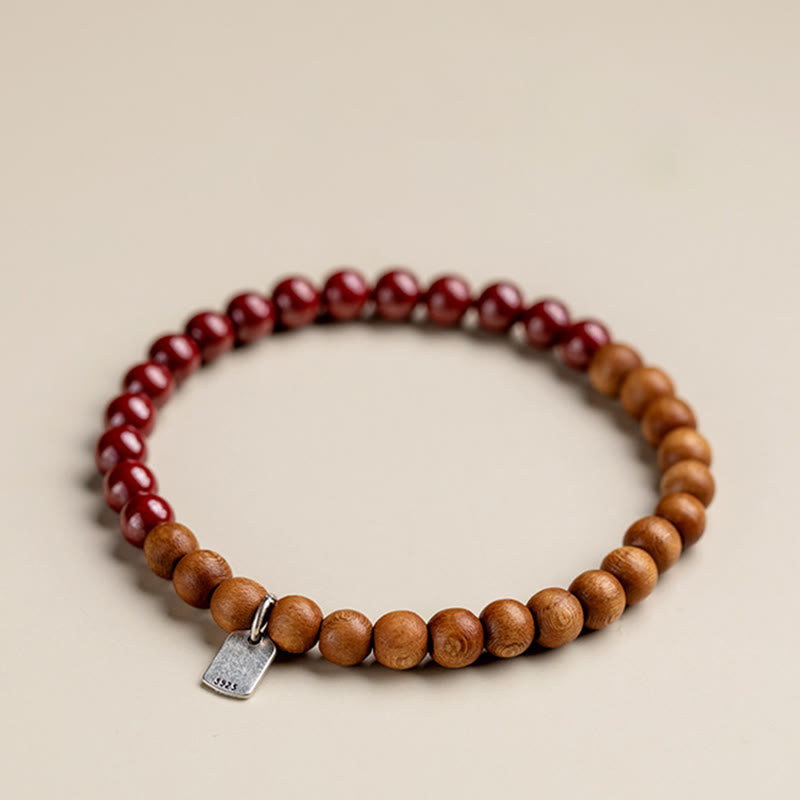 Buddha Stones 925 Sterling Silver Peach Wood Cinnabar Ward Off Evil Spirits Bracelet