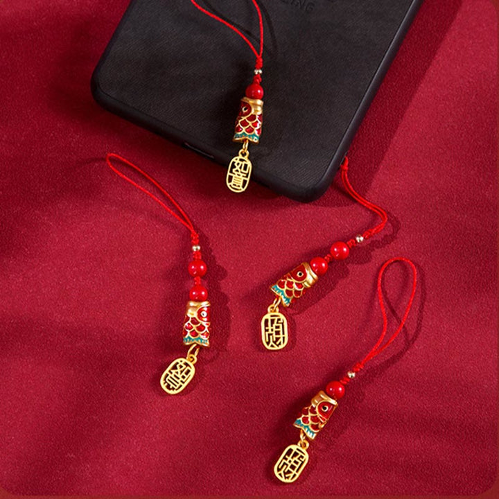 Buddha Stones Koi Fish Cinnabar Attracting Wealth Wish Ruyi Charm Luck Phone Hanging Decoration