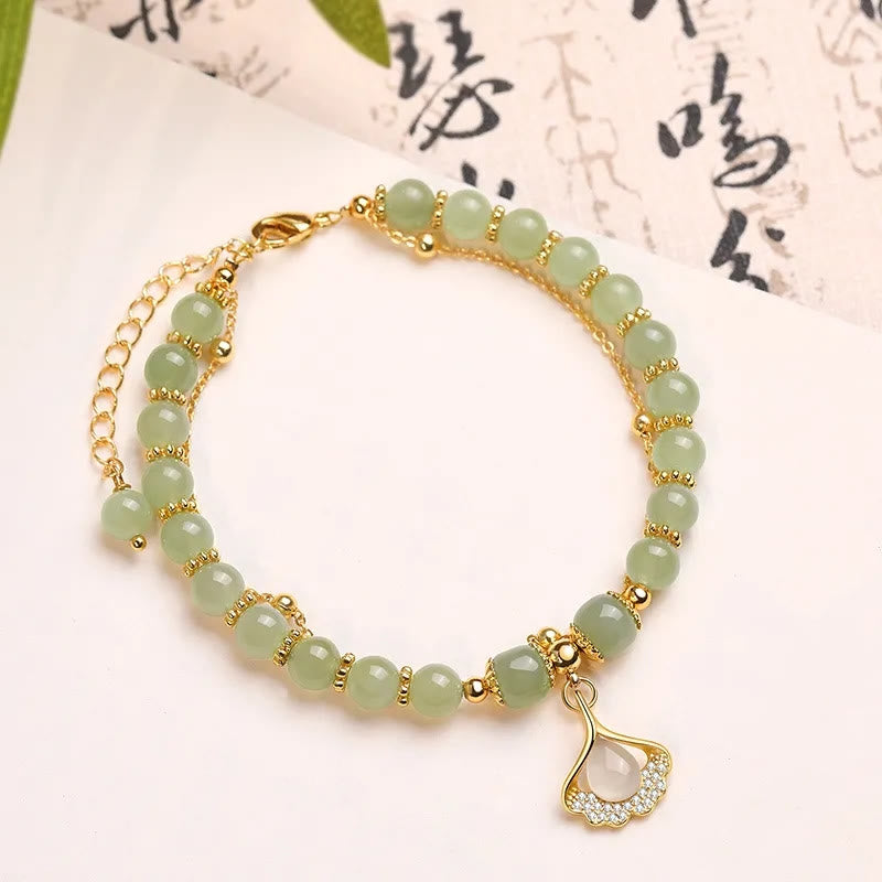 Buddha Stones Jade Leaf Ginkgo Tulip Peanut Fu Character Luck Beaded Bracelet