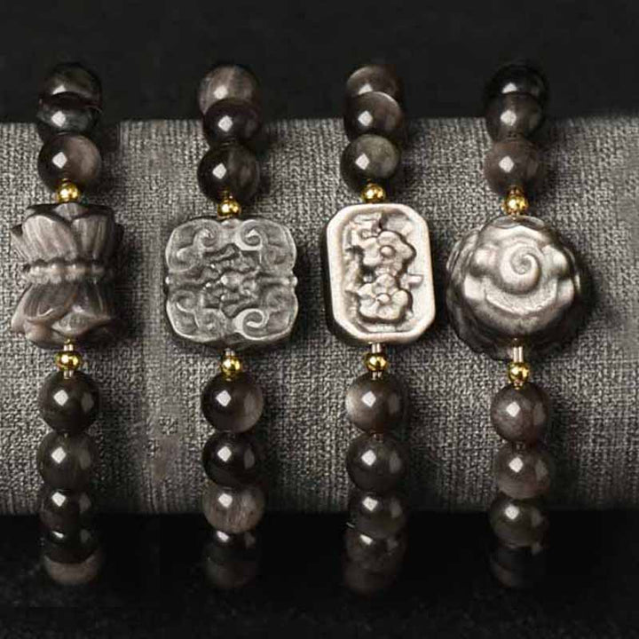 Buddha Stones Silver Sheen Obsidian Lotus Flower Nine Tailed Fox Laughing Buddha Protection Bracelet