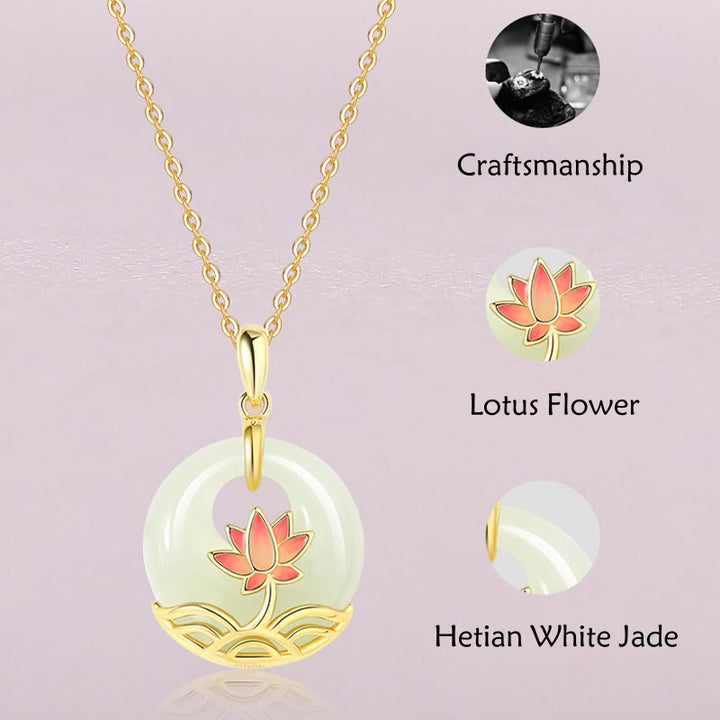 Buddha Stones 925 Sterling Silver Hetian White Jade Lotus Flower Blessing Necklace Pendant