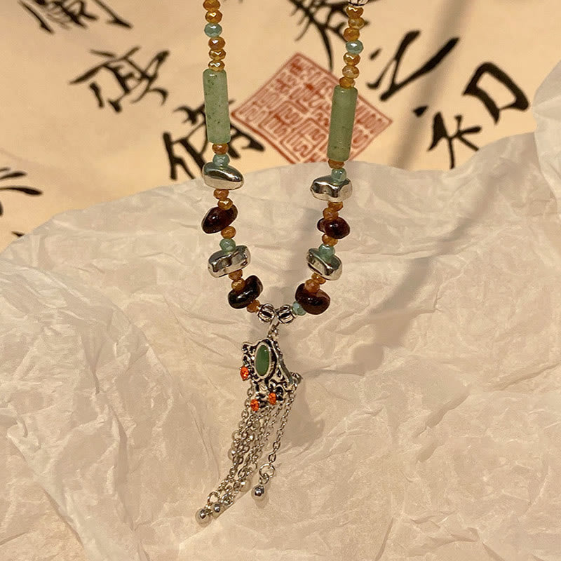 Buddha Stones Tibetan Crystal Stone Copper Luck Tassel Necklace Pendant