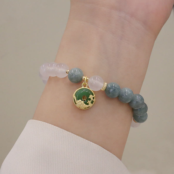 Buddha Stones White Agate Jade Lotus Flower Peace Buckle Protection Bracelet