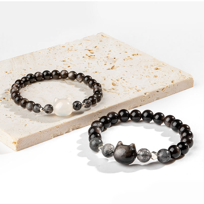 Buddha Stones Natural Silver Sheen Obsidian Cute Cat Head Protection Bracelet