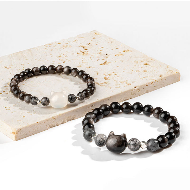 Buddha Stones Natural Silver Sheen Obsidian Cute Cat Head Protection Bracelet