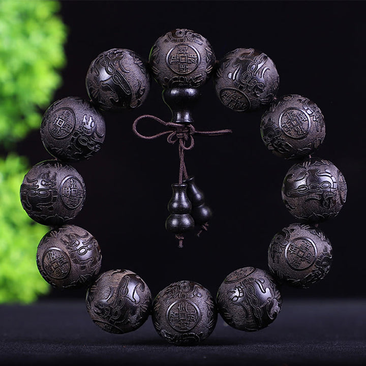 Buddha Stones Chinese Zodiac Rosewood Ebony Boxwood Copper Coin PiXiu Carved Warmth Bracelet