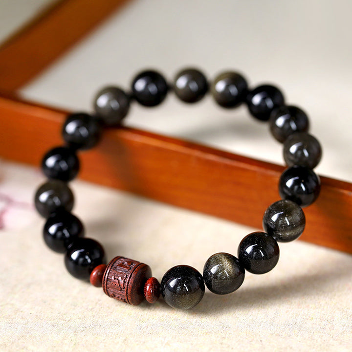 Buddha Stones Natural Gold Sheen Obsidian Rainbow Obsidian Om Mani Padme Hum Fu Character Healing Bracelet