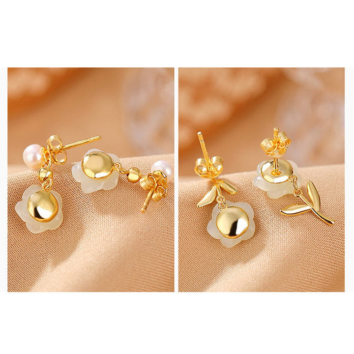 Buddha Stones 925 Sterling Silver Plated Gold Jade Rose Flower Cyan Jade Pearl Luck Earrings