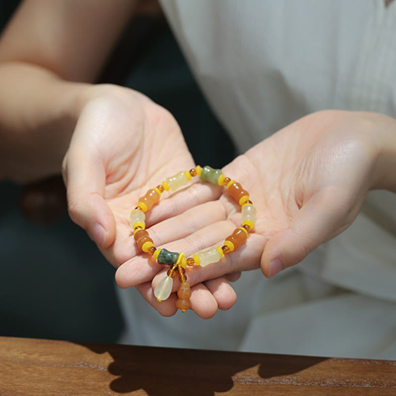 Natural Golden Silk Jade Gourd Wealth Charm Bracelet