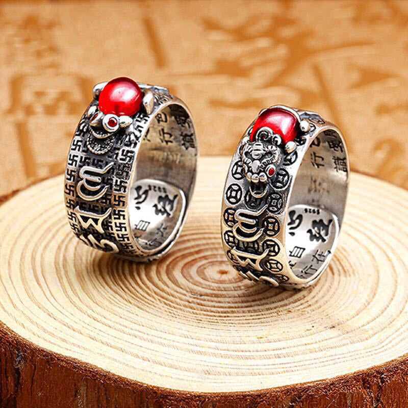 Genstone PiXiu Feng Shui Frog Vajra Dorje Heart Sutra Wealth Adjustable Ring