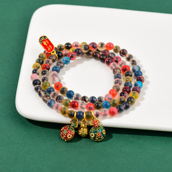 Buddha Stones Colorful Candy Agate Gold Swallowing Beast Family Strength Charm Triple Wrap Bracelet