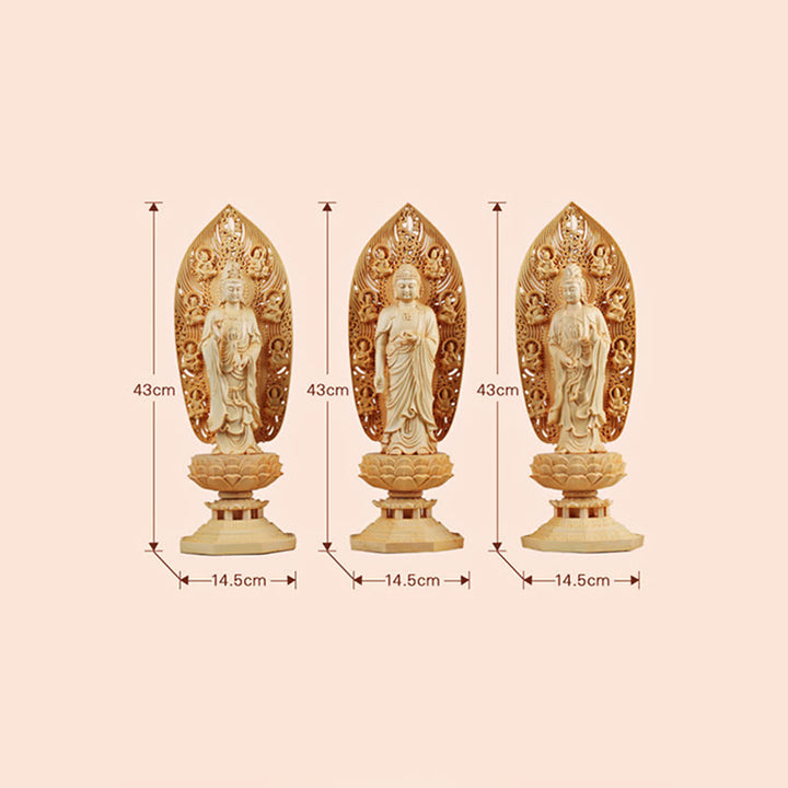 Buddha Stones Handcrafted Kwan Yin Avalokitesvara Tathagata Mahasthamaprapta Bodhisattva Statue Boxwood Abundance Decoration