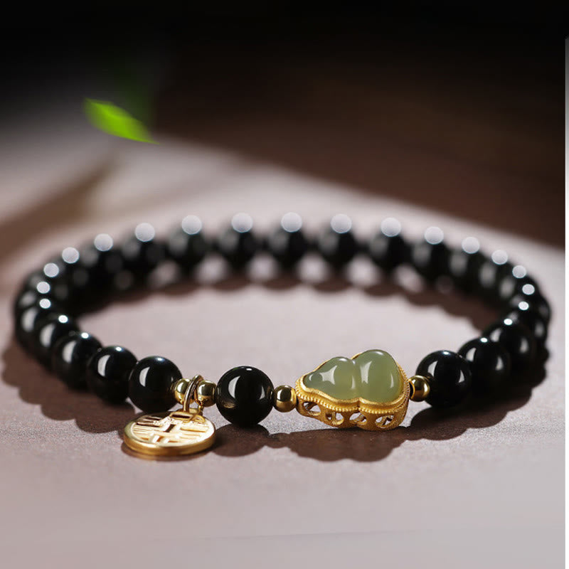 Natural Black Obsidian Hetian Jade Gourd Double Happiness Strength Bracelet