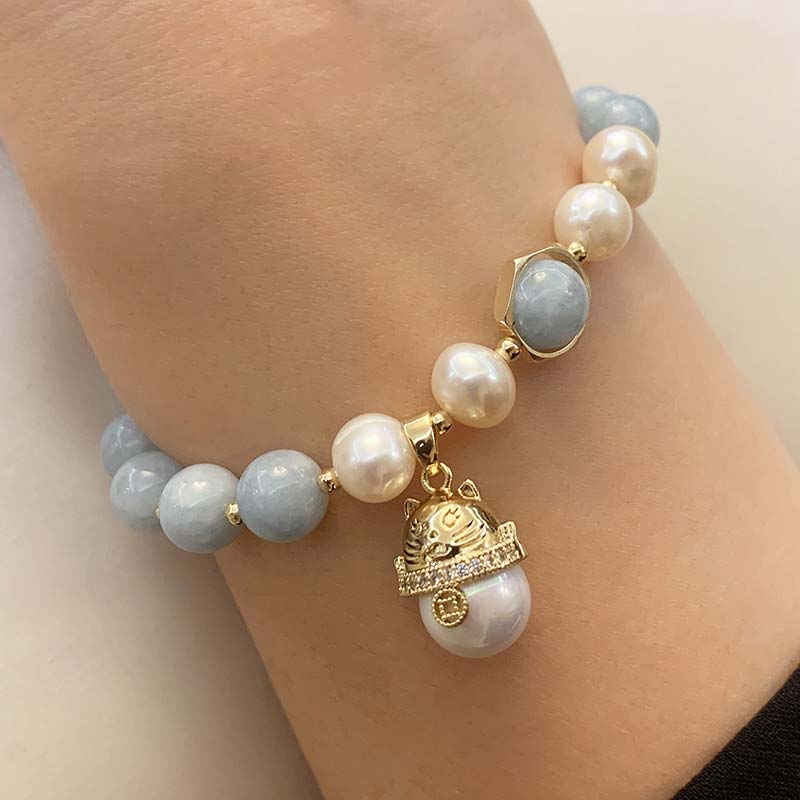 Buddha Stones Aquamarine Pearl Peace Healing Lucky Cat Charm Bracelet