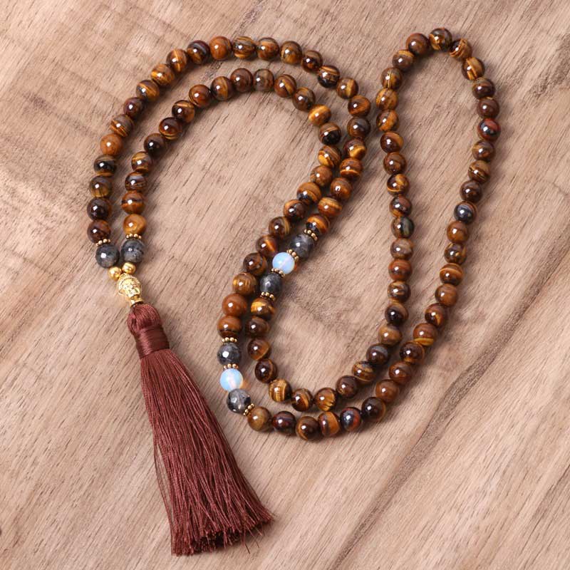 Buddha Stones Tibetan Tiger Eye Buddha Strength Power Beaded Tassel Pendant Necklace