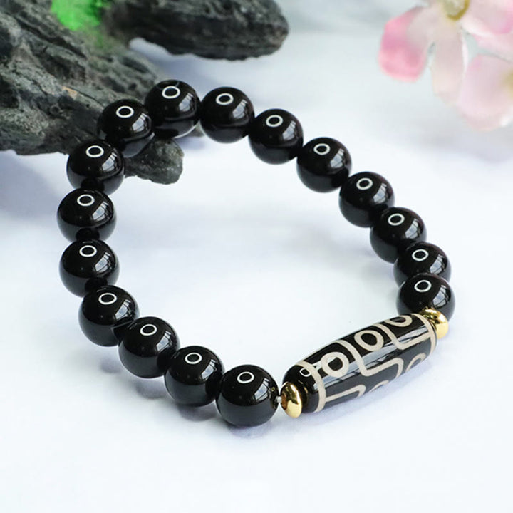 Buddha Stones Tibetan Nine-Eye Dzi Bead Black Onyx Power Bracelet