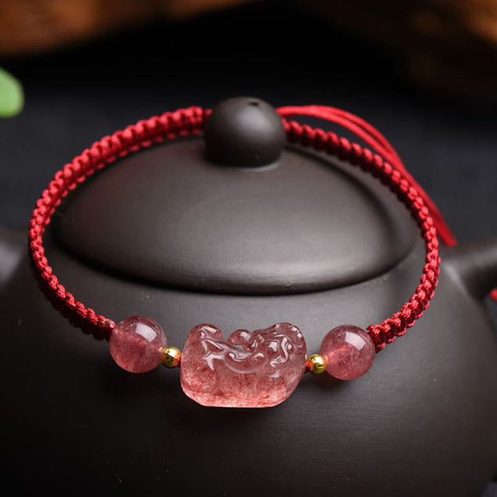 Buddha Stones Natural Strawberry Quartz PiXiu Lucky Red String Bracelet