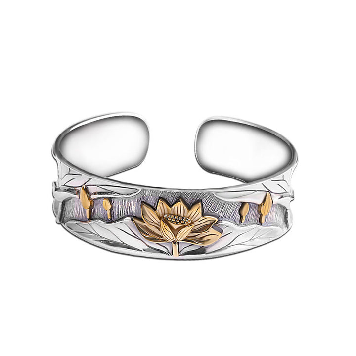 Buddha Stones 925 Sterling Silver Lotus Flower Calm Bracelet Adjustable Bangle