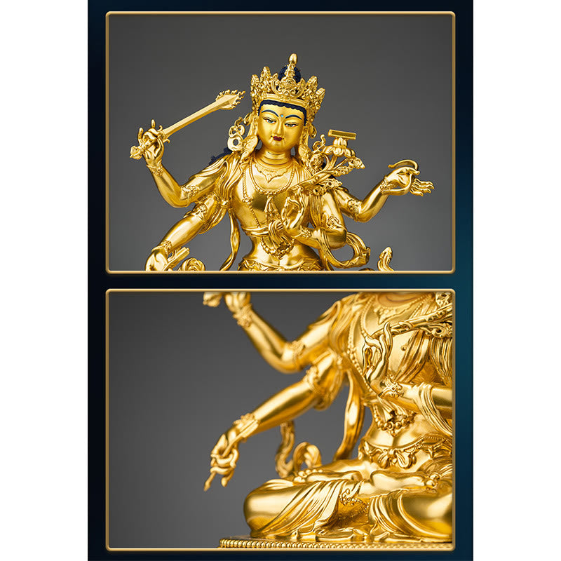 Four-armed Manjusri Bodhisattva Gold Figurine Compassion Serenity Copper Statue Home Decoration