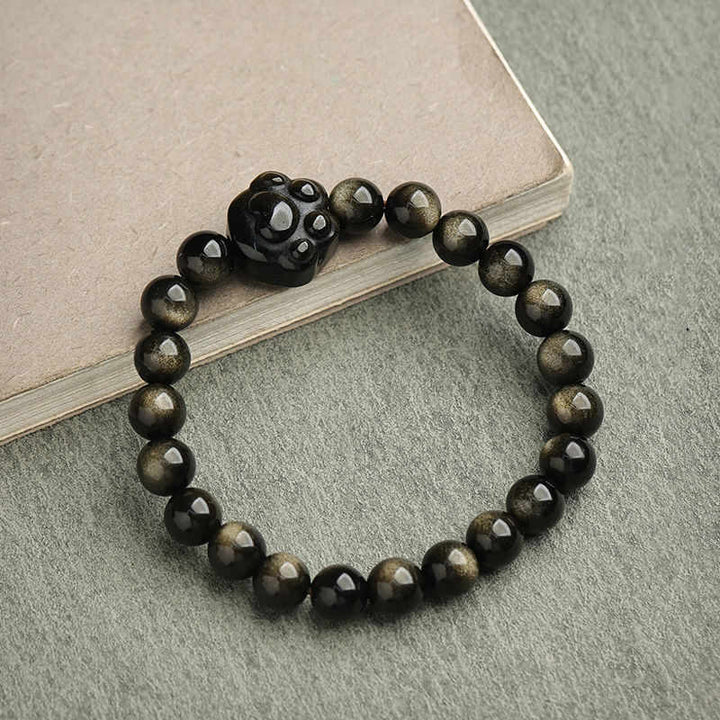 Buddha Stones Gold Sheen Obsidian Silver Sheen Obsidian Lovely Paw Lucky Cat Protection Bracelet