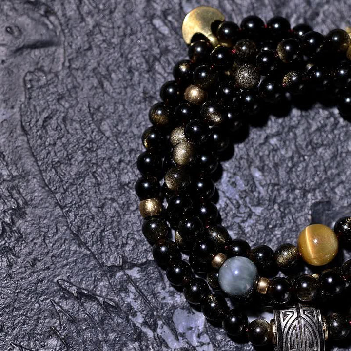 108 Mala Beads Gold Sheen Obsidian Tiger Eye Eagle's Eye Stone Wealth Bracelet