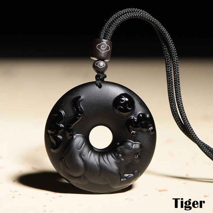 Buddha Stones Chinese Zodiac Natural Black Obsidian Peace Buckle Strength Necklace Pendant