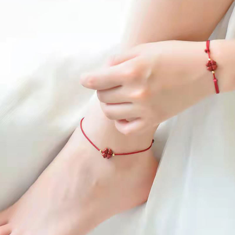 Buddha Stones Natural Cinnabar Four Leaf Clover Blessing Red String Bracelet Anklet