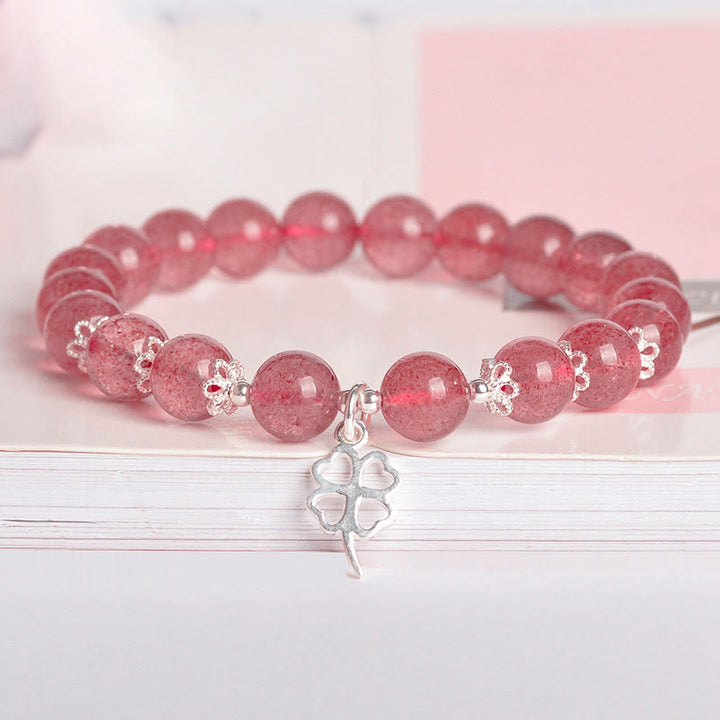 Buddha Stones 925 Sterling Silver Strawberry Quartz Four Leaf Clover Love Bracelet