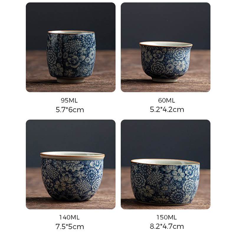 Buddha Stones Blue Lotus Peach Blossom Chrysanthemum Design Ceramic Teacup Kung Fu Tea Cups