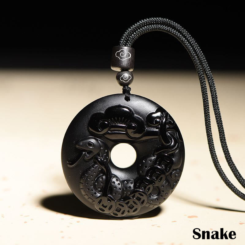 Buddha Stones Chinese Zodiac Natural Black Obsidian Peace Buckle Strength Necklace Pendant