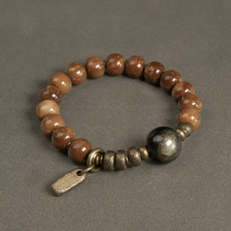 Buddha Stones Kuka Seed Tiger Eye Gold Sheen Obsidian Copper Wealth Luck Bracelet