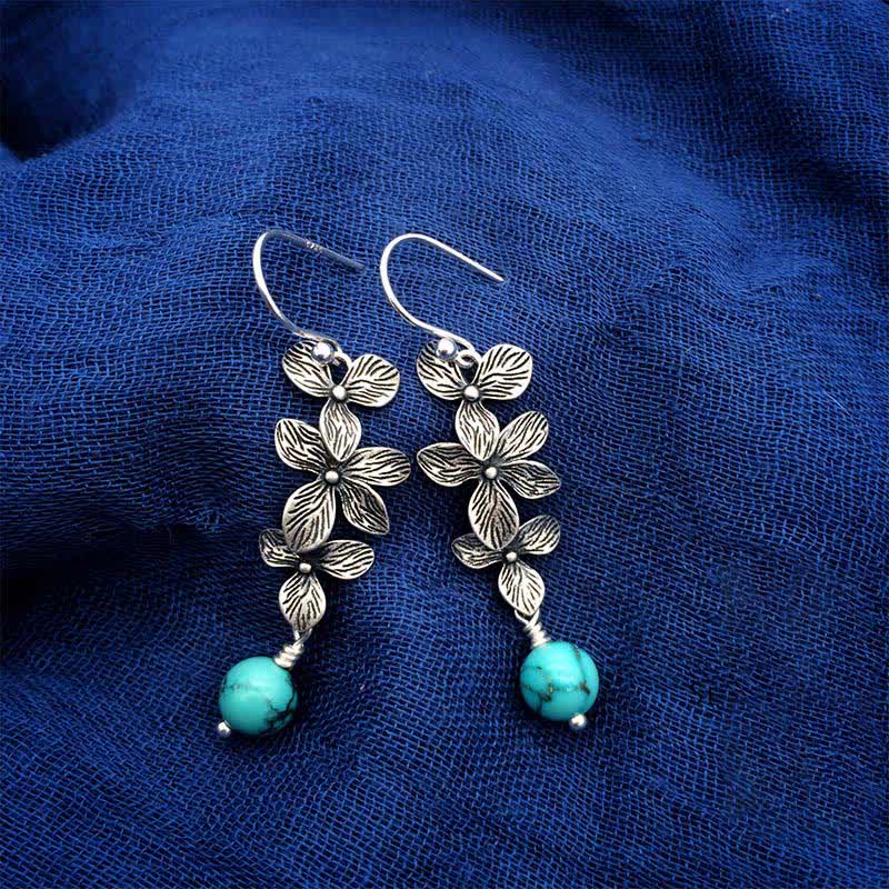 925 Sterling Silver Turquoise Lazurite Flower Leaf Serenity Protection Hook Drop Dangle Earrings