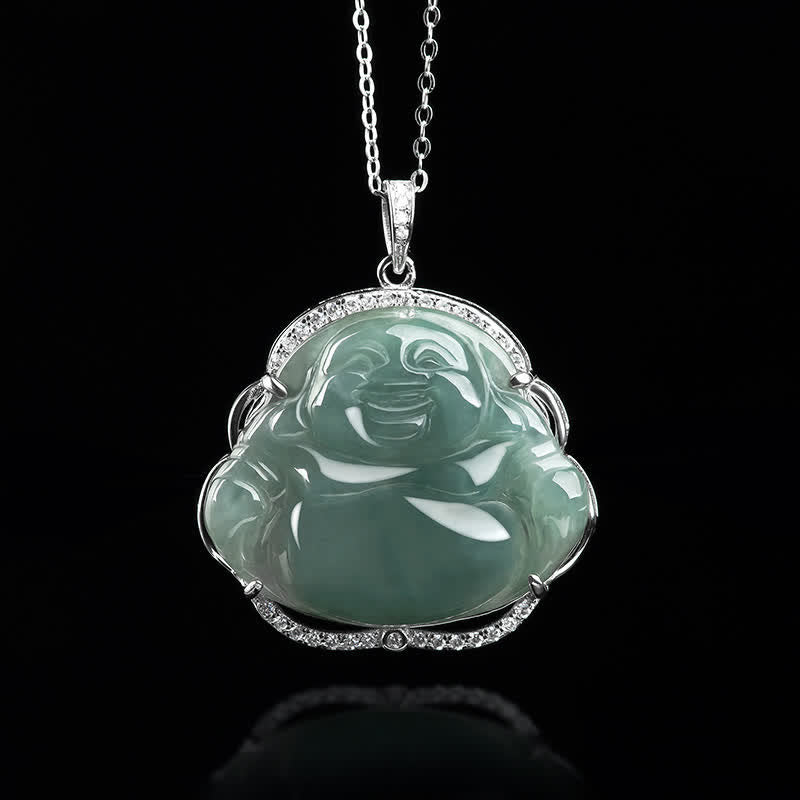 Buddha Stones 925 Sterling Silver Laughing Buddha Natural Jade Luck Necklace Chain Pendant