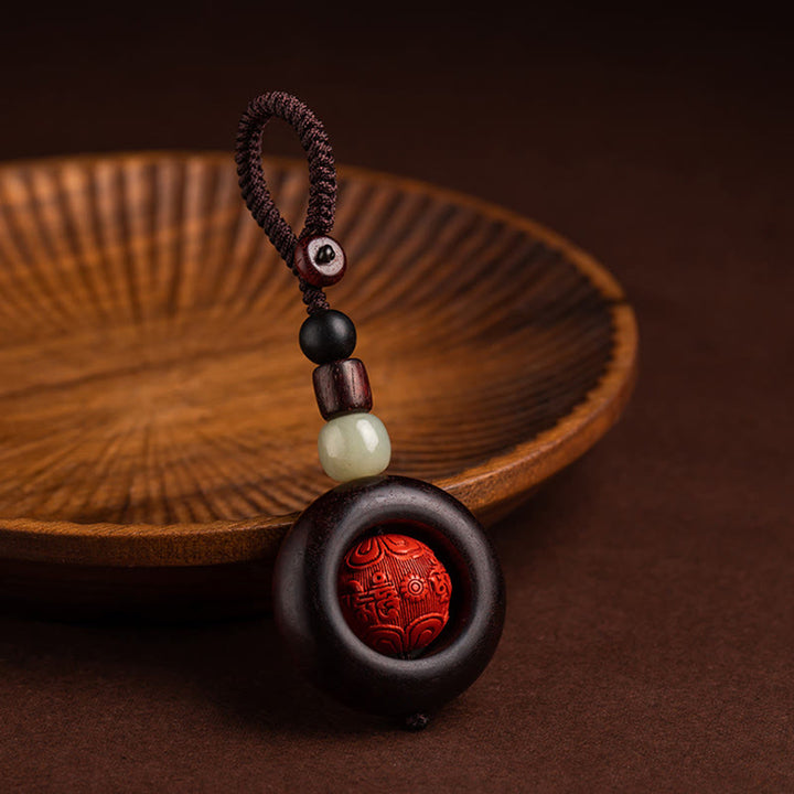 Buddha Stones Tibet Om Mani Padme Hum PiXiu Copper Coin Small Leaf Red Sandalwood Cinnabar Protection Key Chain