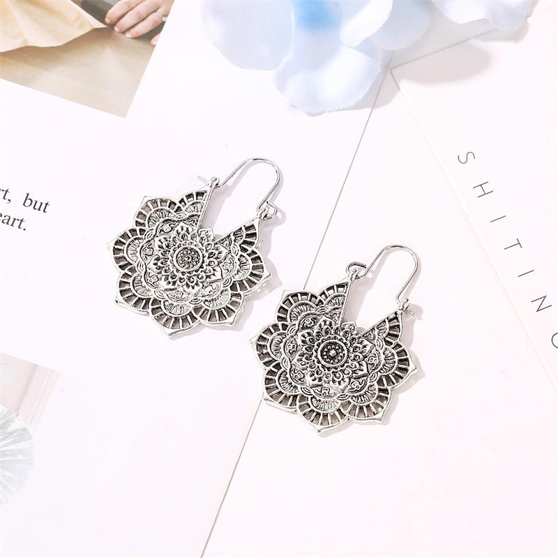 Buddha Stones Tibetan Lotus Engraving Copper Blessing Drop Earrings