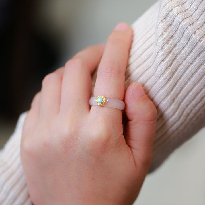 Buddha Stones White Agate Cyan Jade Turquoise Red Agate Luck Protection Ring