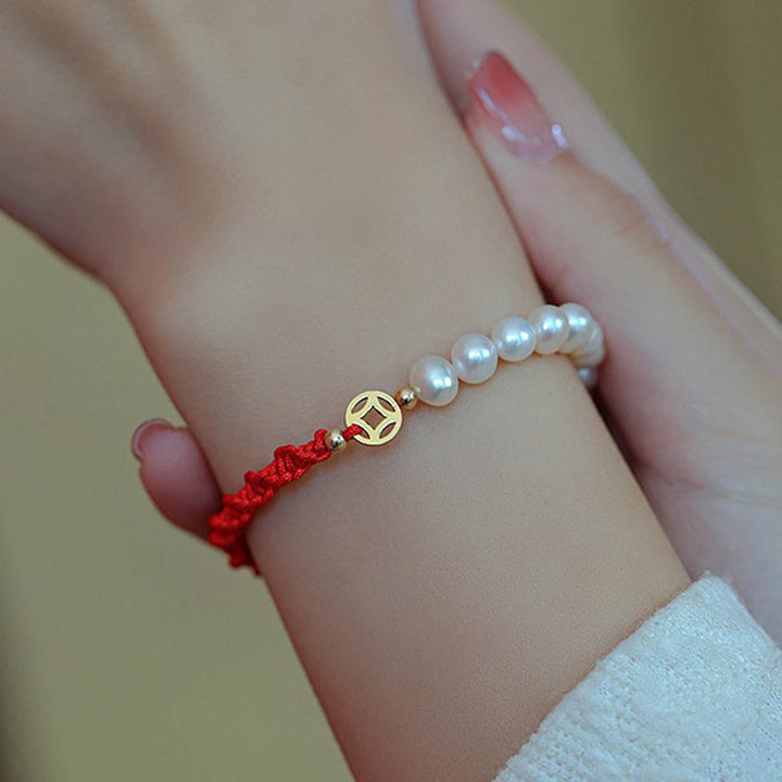 14K Gold Plated Pearl Bead Luck Protection Braid Red String Bracelet