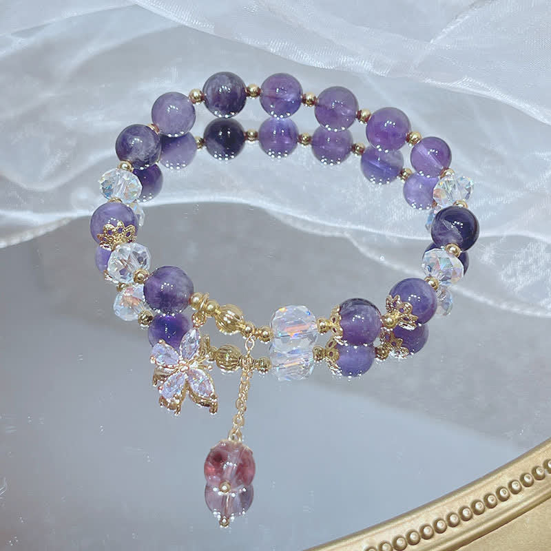 Buddha Stones Natural Amethyst Crystal Spiritual Butterfly Charm Bracelet