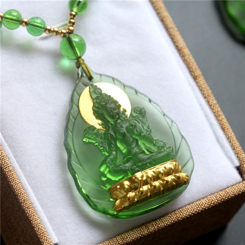 Buddha Stones Tibetan Green Tara Buddha Gold Plated Liuli Crystal Protection Necklace Pendant