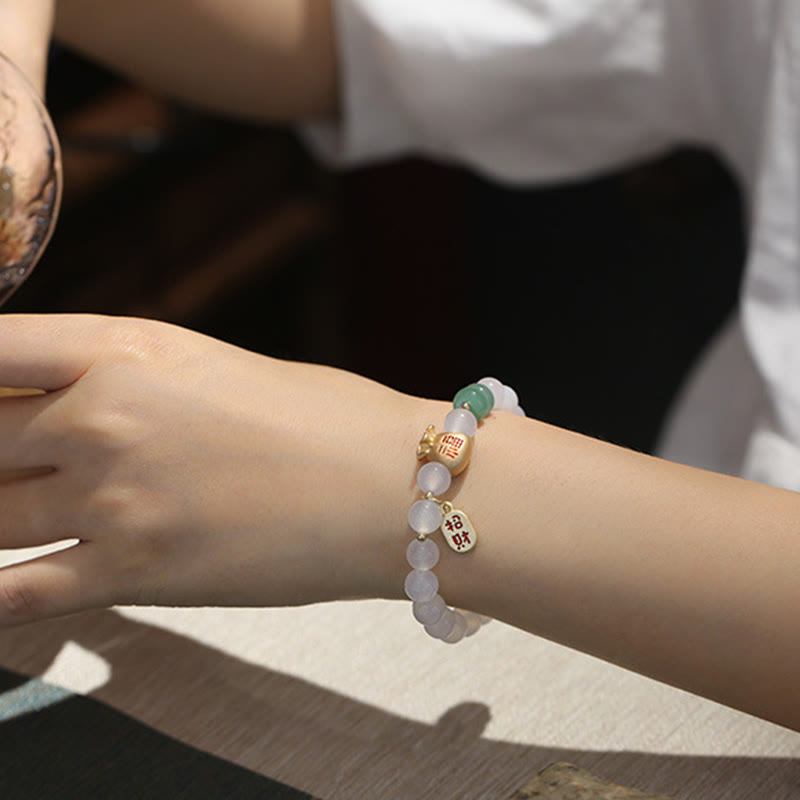 Buddha Stones Natural White Agate Red Agate Money Bag Fu Character Four Leaf Clover Protection Bracelet