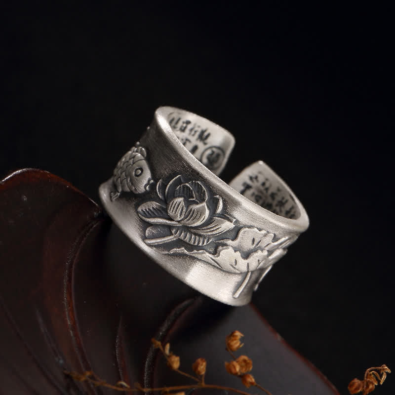 999 Sterling Silver Luck Koi Fish Lotus Heart Sutra Wealth Ring