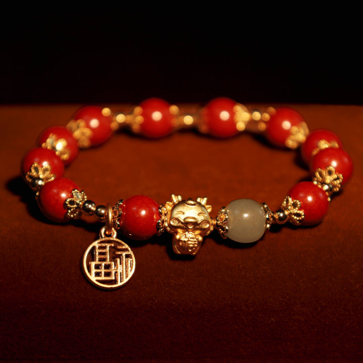 Buddha Stones Year of the Dragon Natural Cinnabar Fu Character Charm Blessing Bracelet