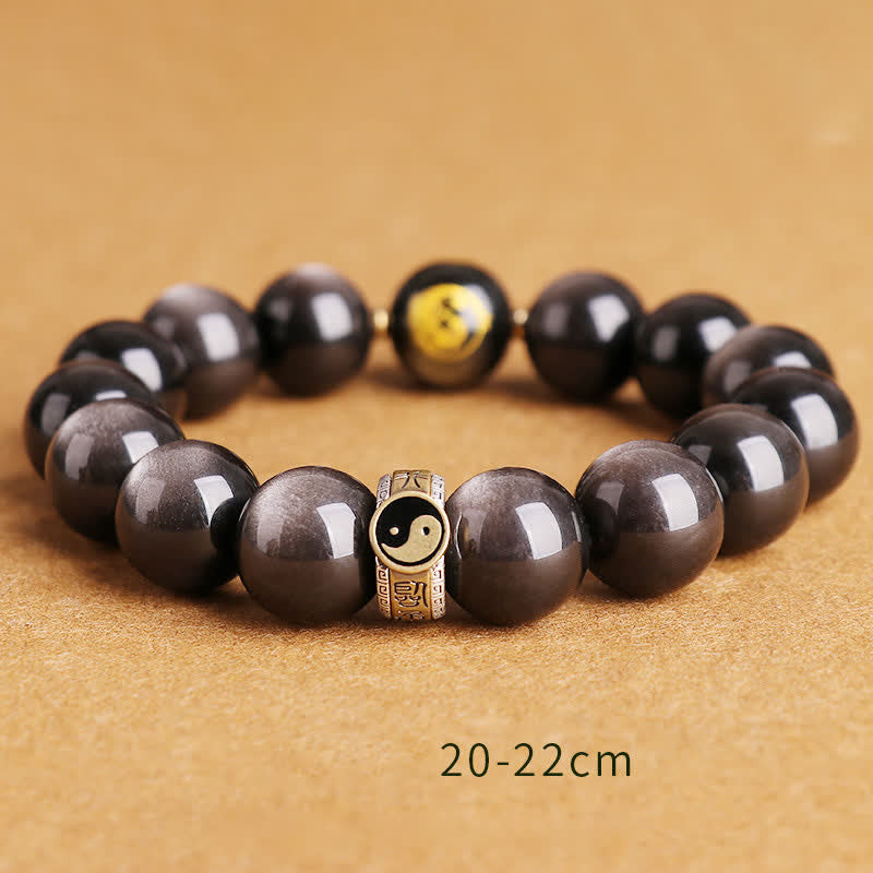 Buddha Stones 925 Sterling Silver Black Obsidian Gold Sheen Obsidian Silver Sheen Obsidian Yin Yang Protection Bracelet