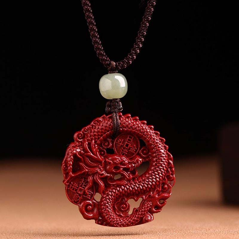 Buddha Stones Year Of The Dragon Natural Cinnabar Hetian Jade Bead Copper Coin Attract Wealth Strength Necklace Pendant