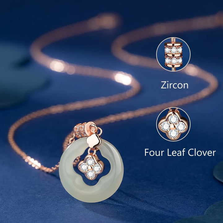 Buddha Stones 925 Sterling Silver Natural Hetian Jade Lucky Four Leaf Clover Zircon Necklace Pendant With Gift Box