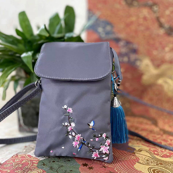 Waterproof Handmade Embroidered Lotus Flowers Crossbody Bag Shoulder Bag Cellphone Bag