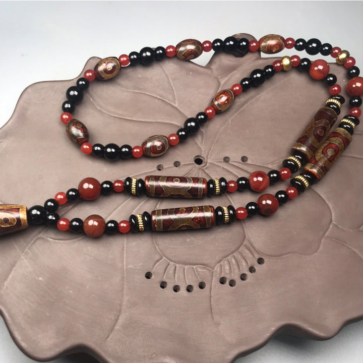 Buddha Stones Nine-Eye Dzi Bead Red Agate Wealth Health Necklace