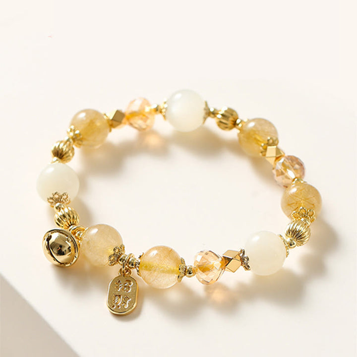 Buddha Stones 14K Gold Plated Golden Rutilated Quartz Wealth Bell Lucky Fortune Charm Bracelet